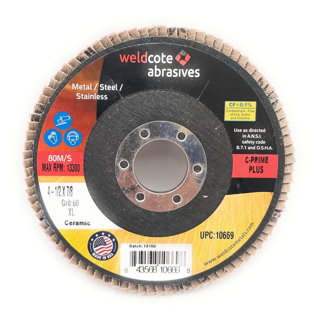 Weldcote XL 4.5″ Flap Discs C-Prime Ceramic 60 Grit 7/8″ Arbor Pack of 10 for Heavy Duty Grinding (10669)