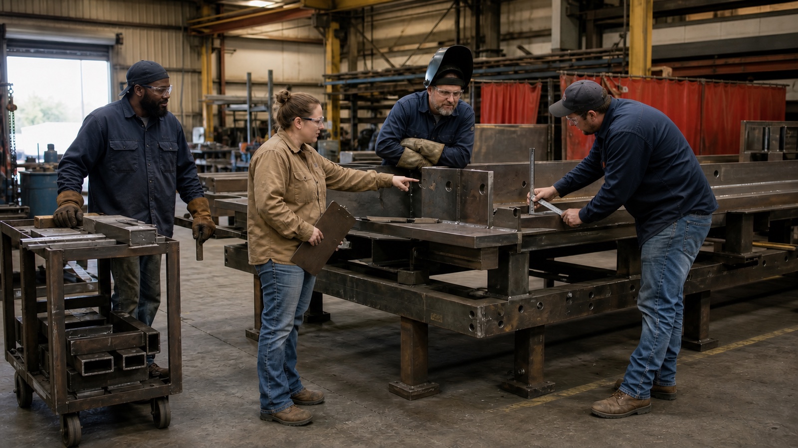 Four fabrication workers review fit-up and measurements around a heavy steel assembly in a working metal shop