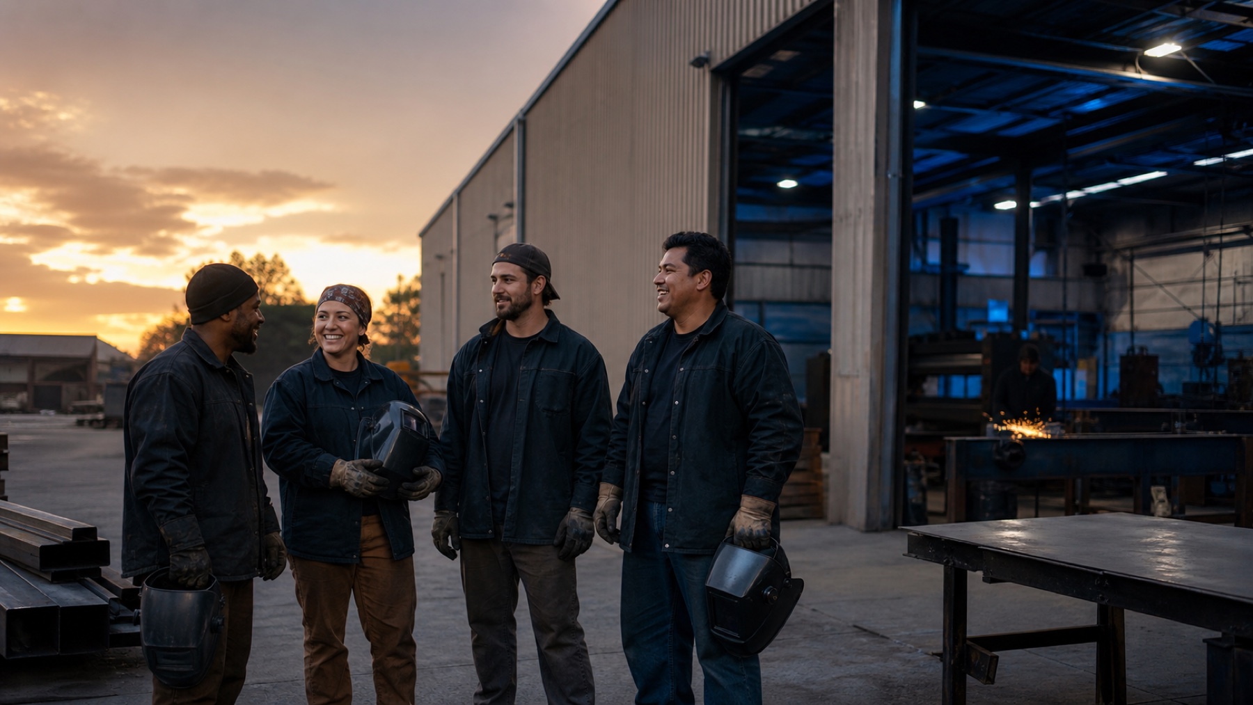 A group of welders sharing a relaxed moment outside a fabrication shop after a shift