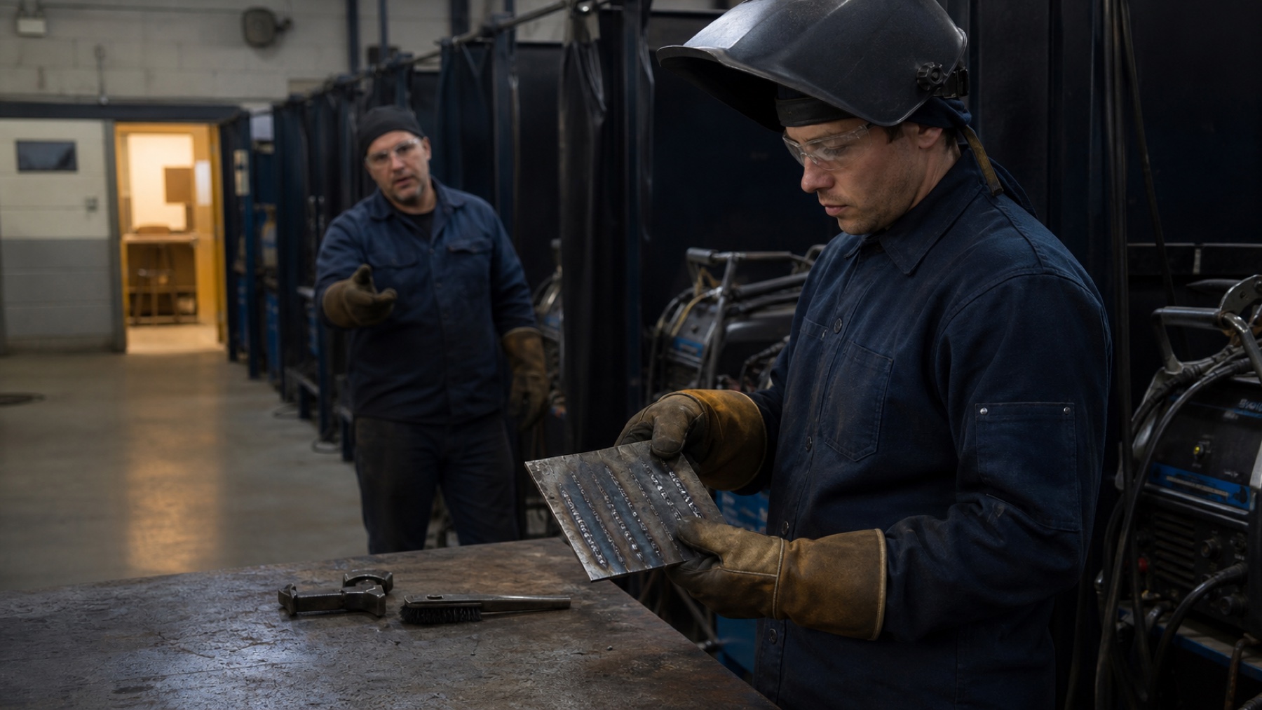 A welding student in full PPE studies an early practice plate while an instructor offers guidance in a training lab