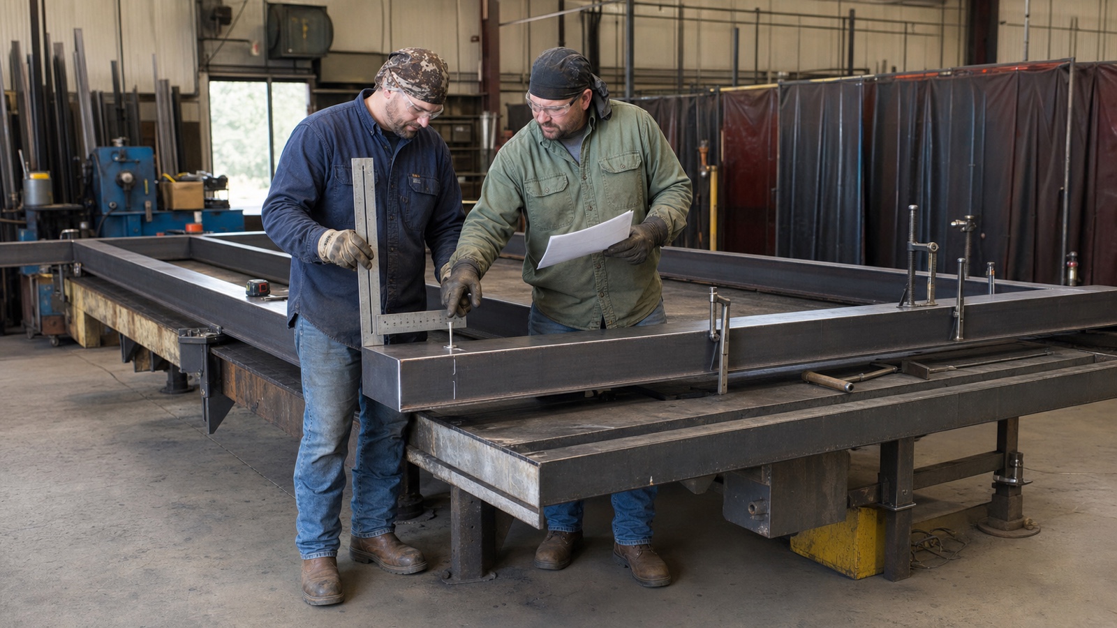 A structural metal fitter checks a square on a clamped steel frame while a welder reviews a drawing at a fabrication table