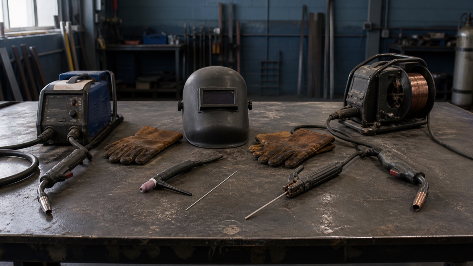 MIG gun, TIG torch and filler rod, stick electrode holder, and flux-cored gun arranged on a used steel fabrication table before work begins