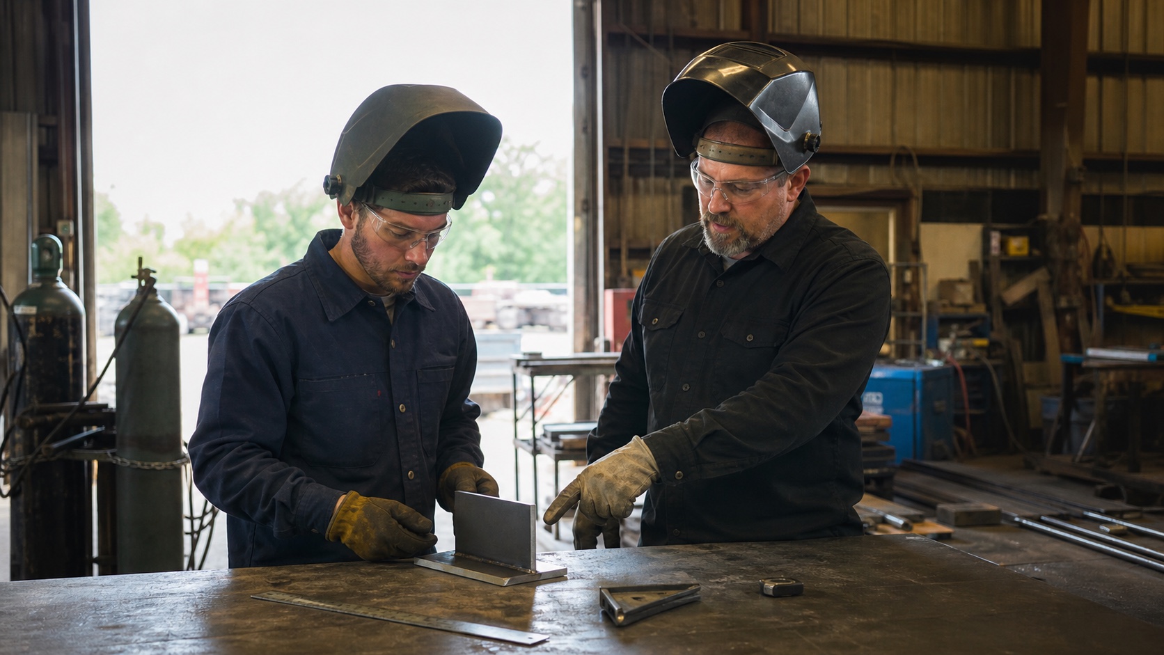 An experienced welder points at a steel practice joint while a newer welder keeps hands on the setup; both wear safety glasses, gloves, and raised hoods.