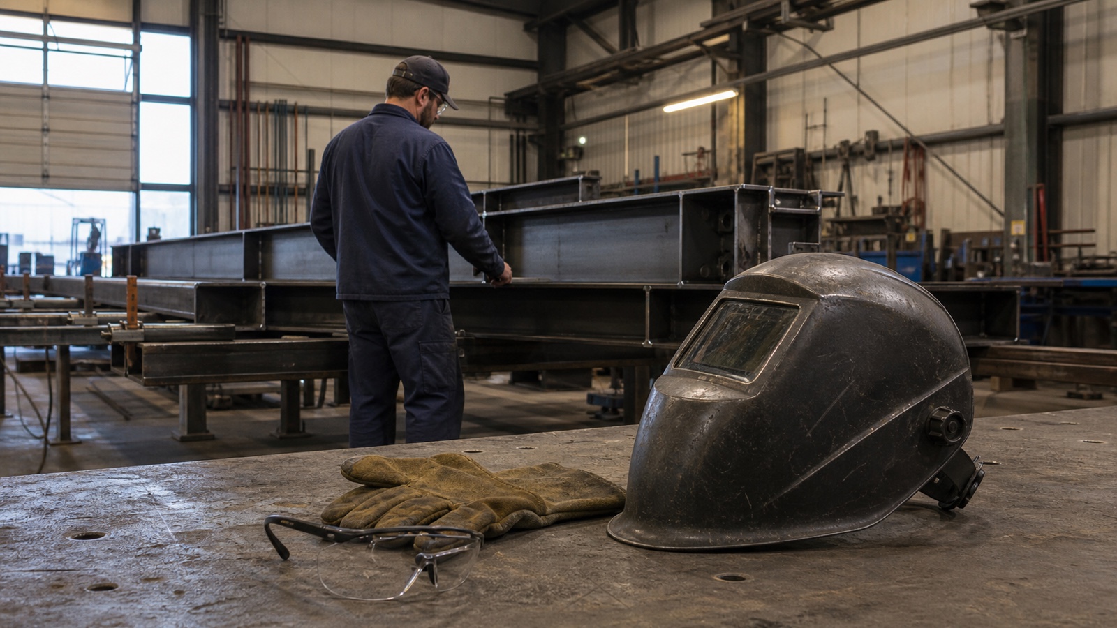 A used unbranded welding hood, safety glasses, and gloves rest on a steel table while a welder checks a fabricated beam in the background