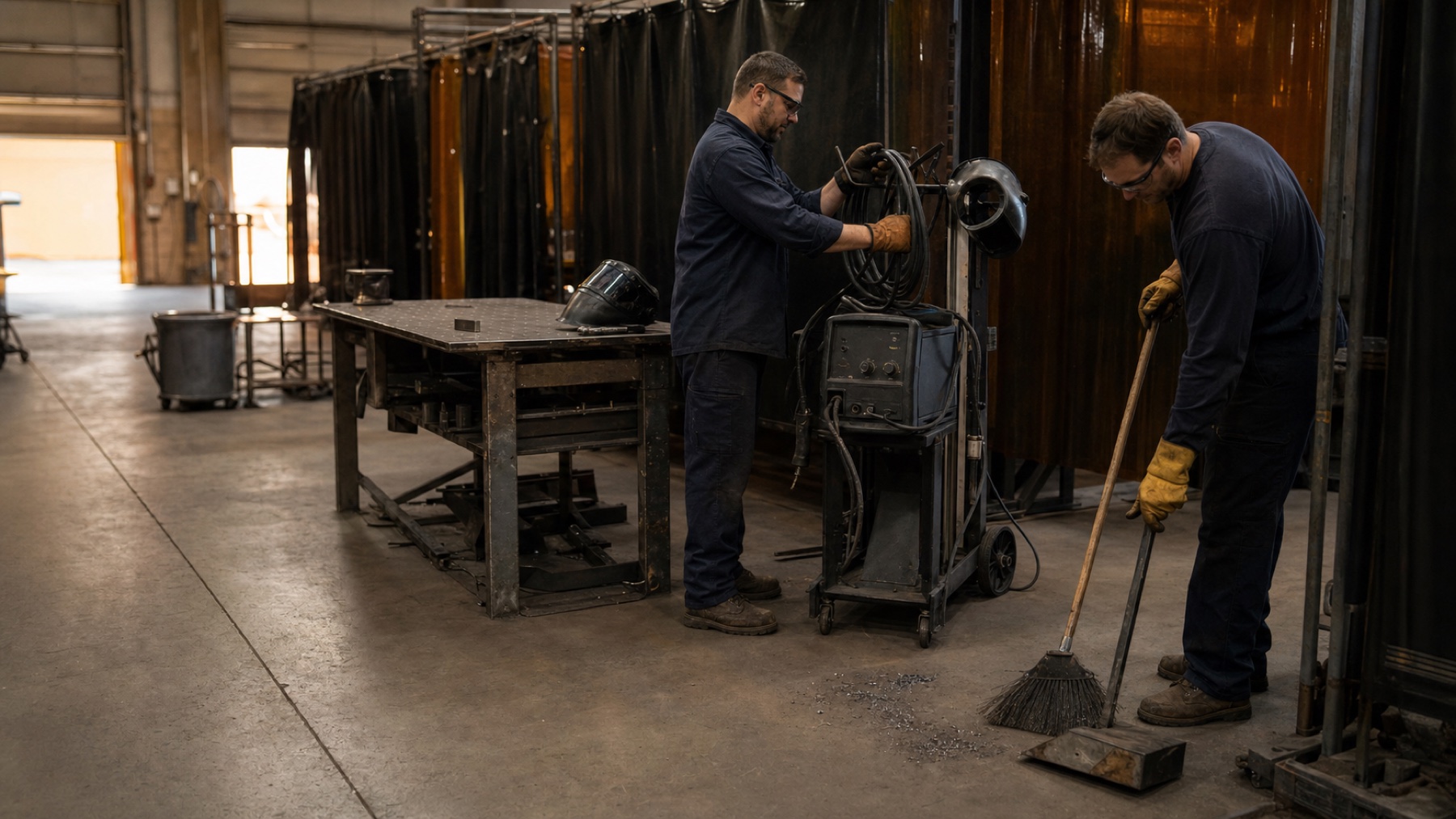 Two welders in safety glasses and gloves reset an inactive fabrication booth by coiling a lead and sweeping metal debris