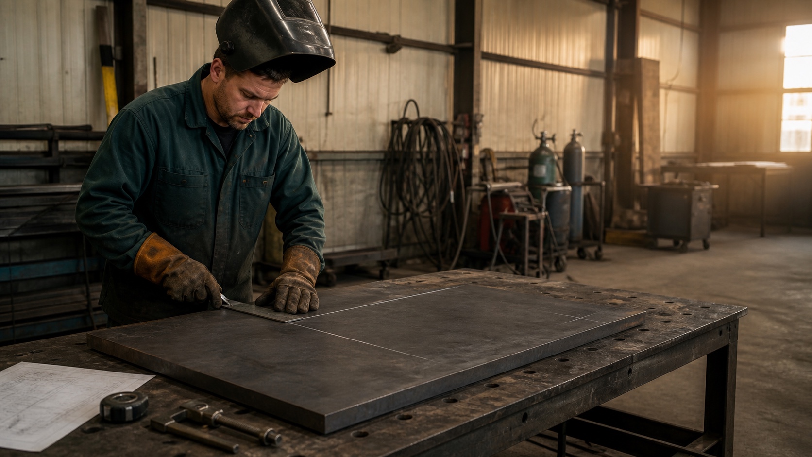 Welder with raised helmet using a square to make layout lines on a steel plate before welding