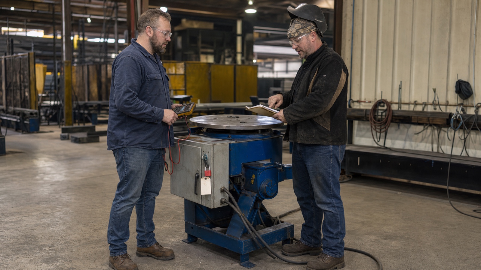 A maintenance technician and a welder review an idle welding positioner beside a locked machine disconnect in a fabrication shop