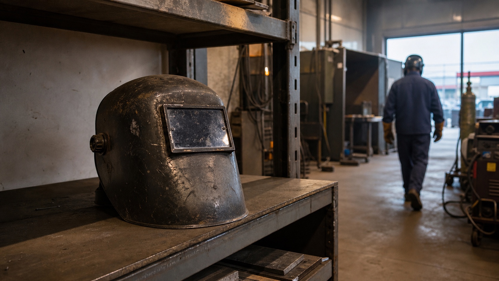 A retired, well-used welding hood resting on a steel shop shelf as a properly equipped welder walks away in the background.