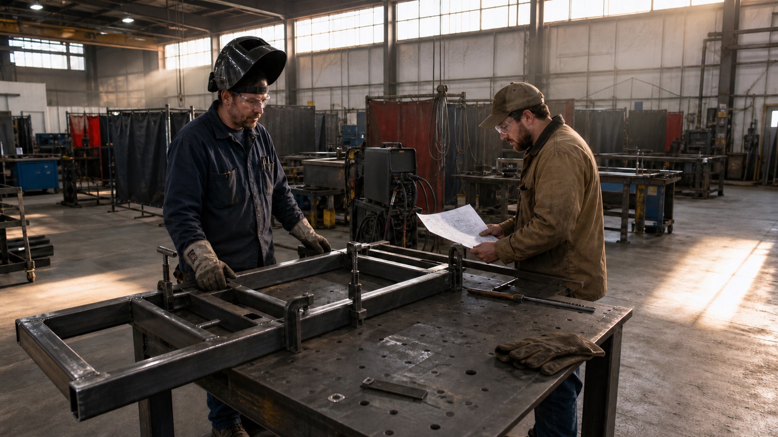 Two welders review a clamped fabrication and job drawing in a quiet shop on a Saturday morning
