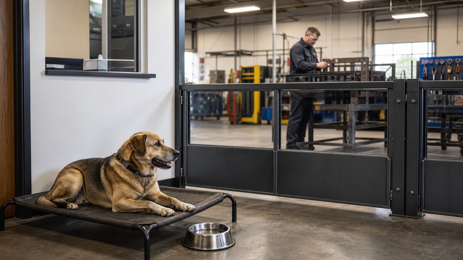 A shop dog rests on a raised bed in a clean office area behind a closed metal-and-glass gate separating it from a fabrication shop