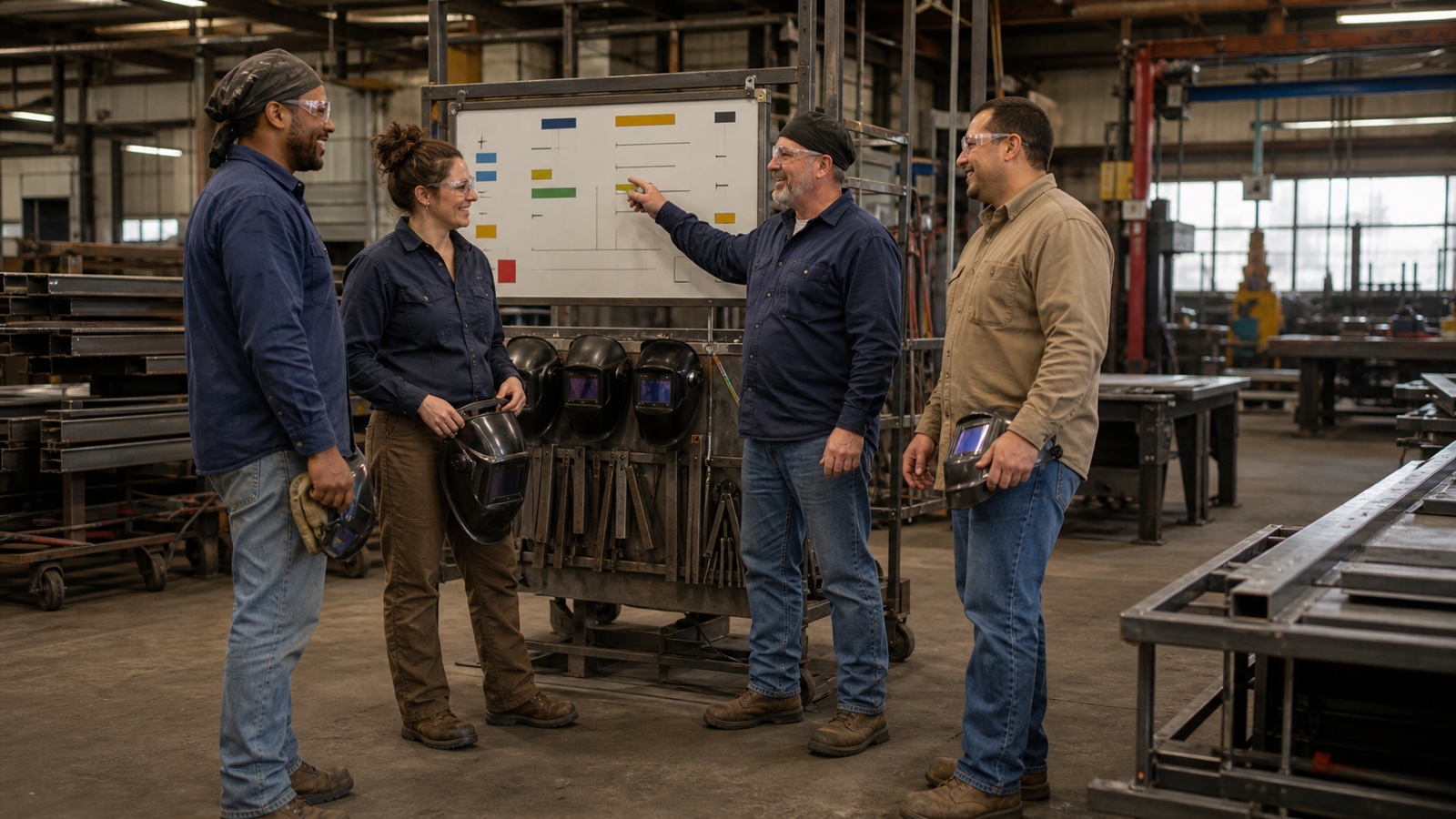 Four welders and fabricators share a friendly moment during a pre-shift briefing in a clean shop staging area
