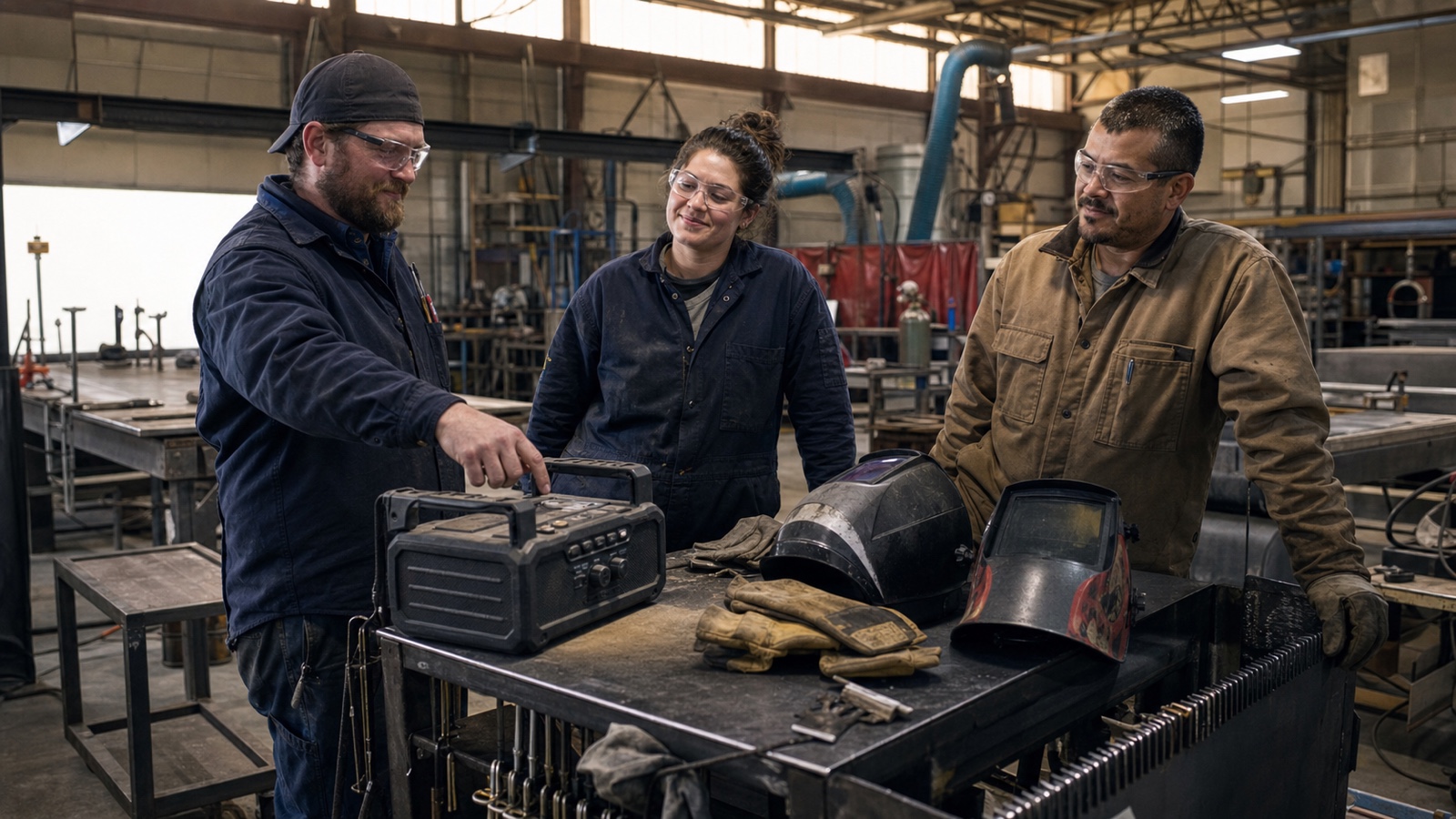 Three welders in safety glasses gather around a portable radio during a calm pre-work moment in a fabrication shop