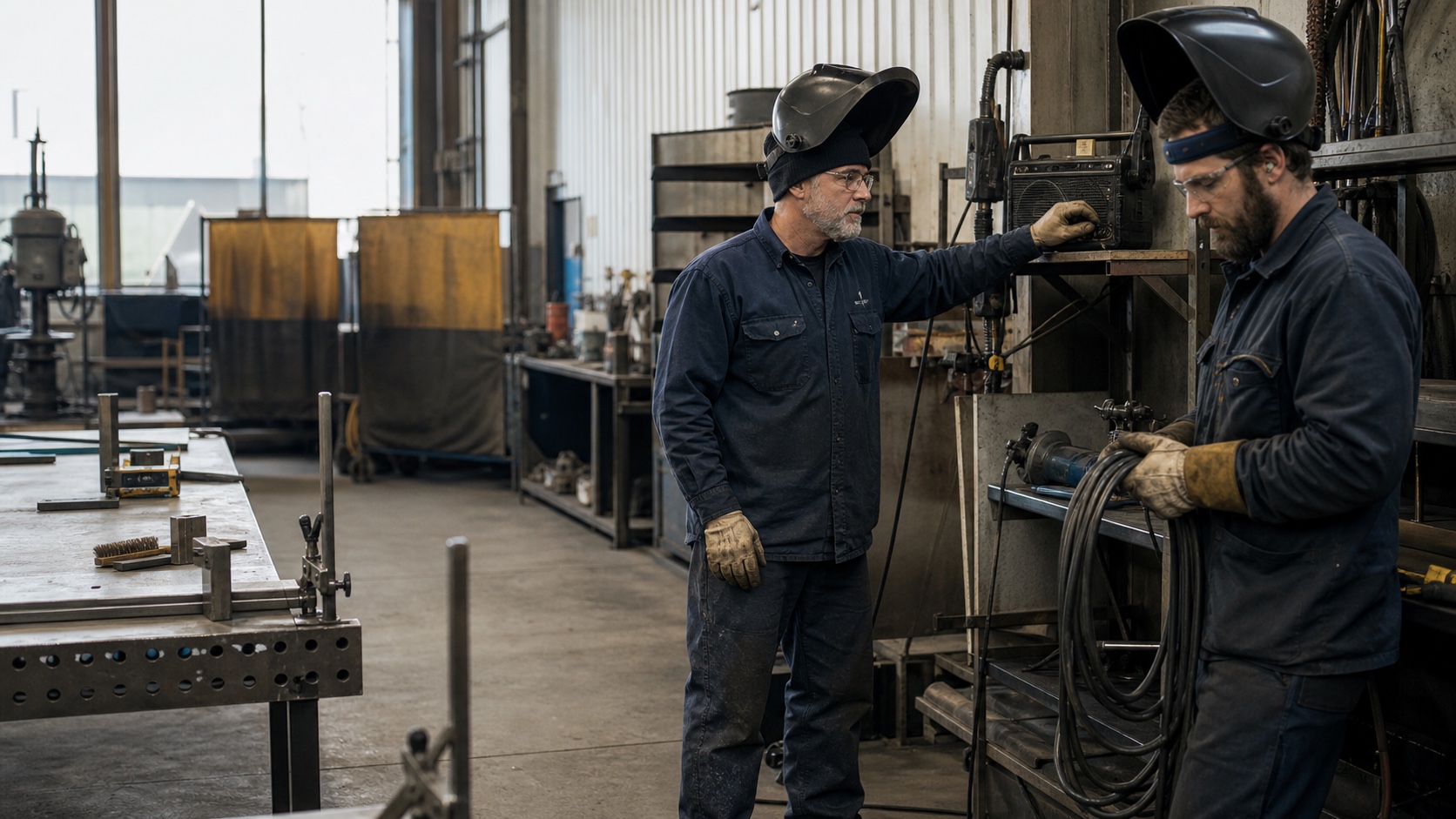 Two welders in a fabrication shop share a portable radio during a pause with no active welding