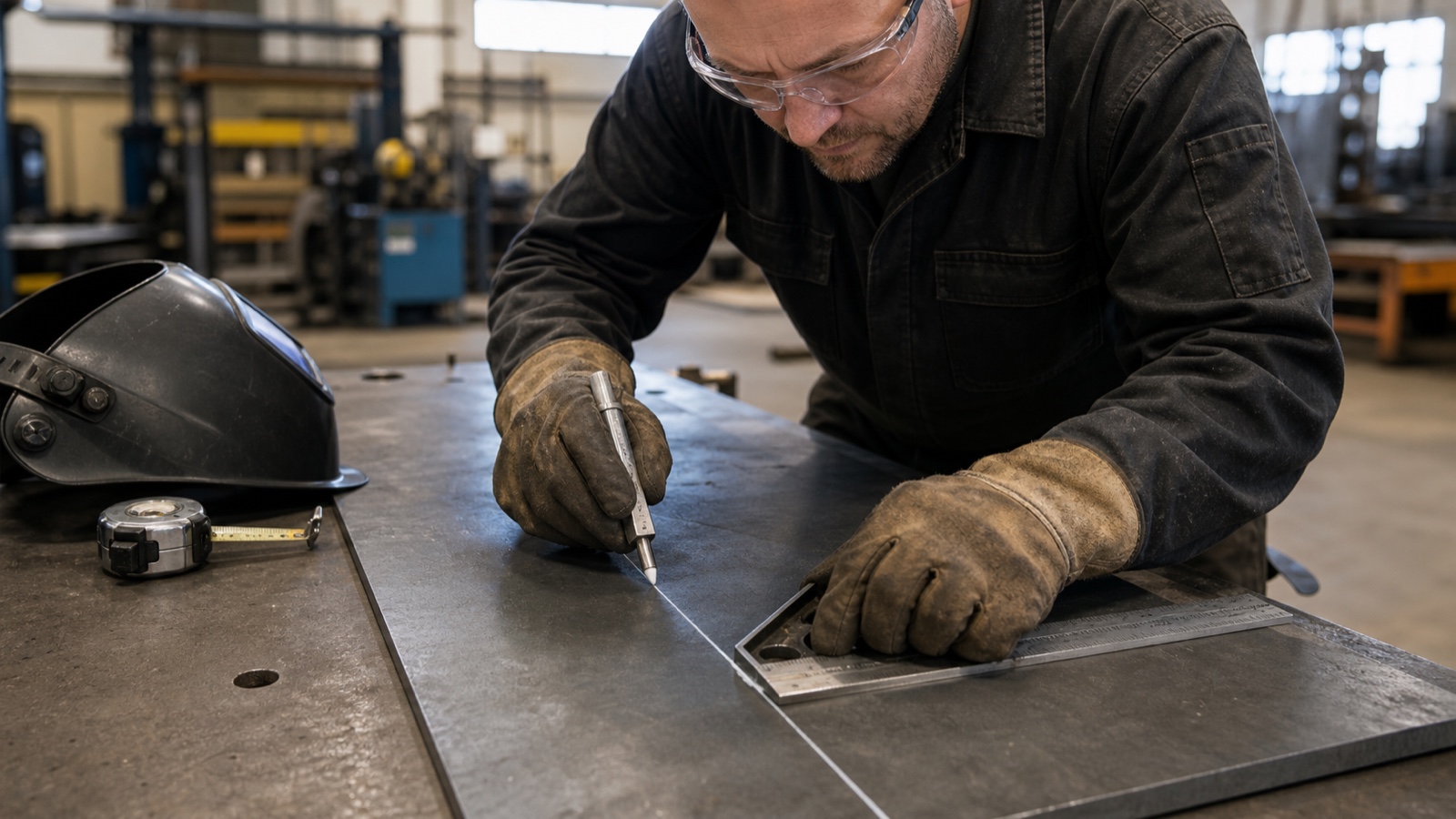 A fabricator wearing clear safety glasses uses a soapstone holder and combination square to mark a white line on steel