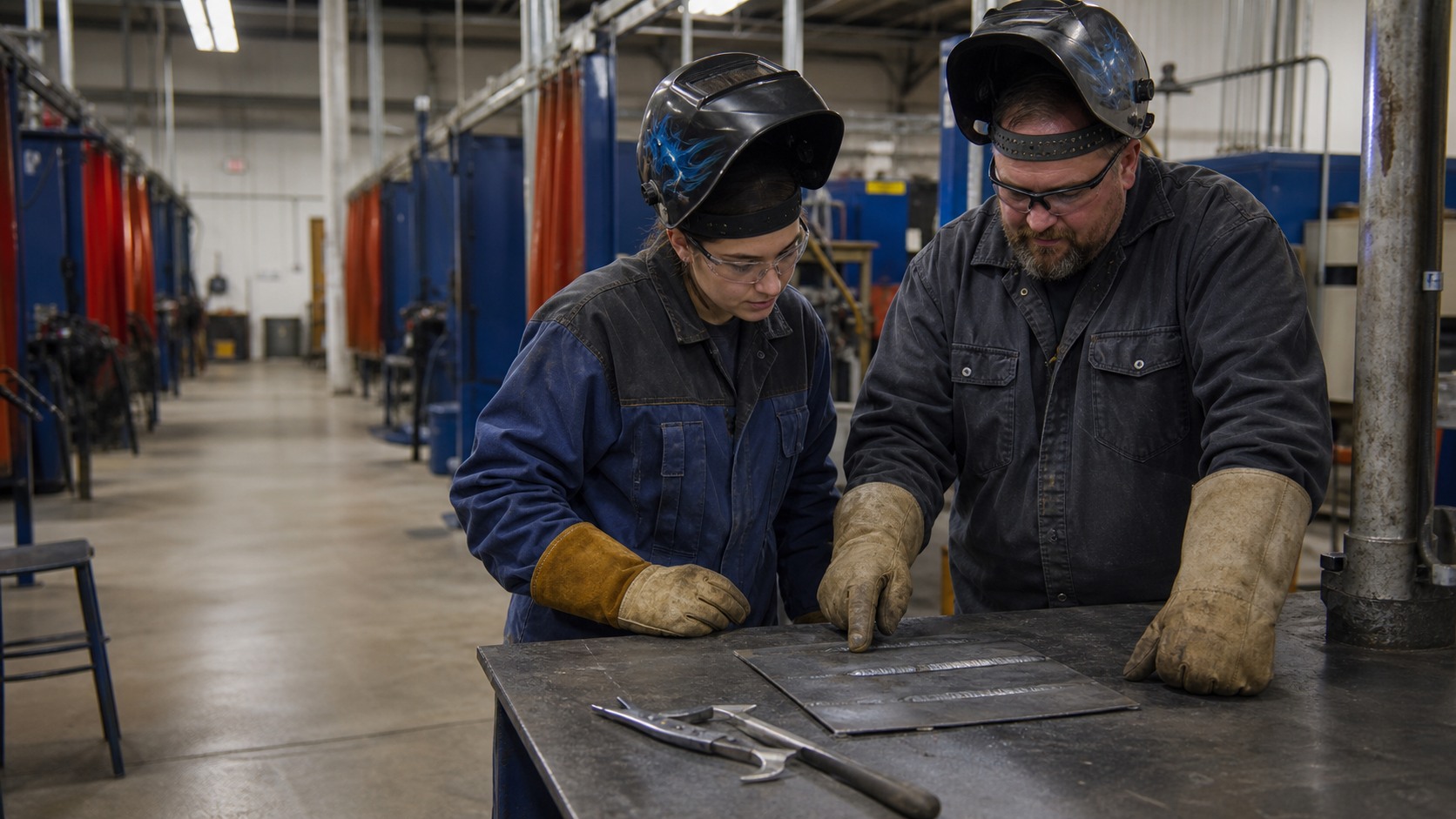 Welding student and instructor wearing raised helmets and safety glasses while reviewing practice beads on a steel plate