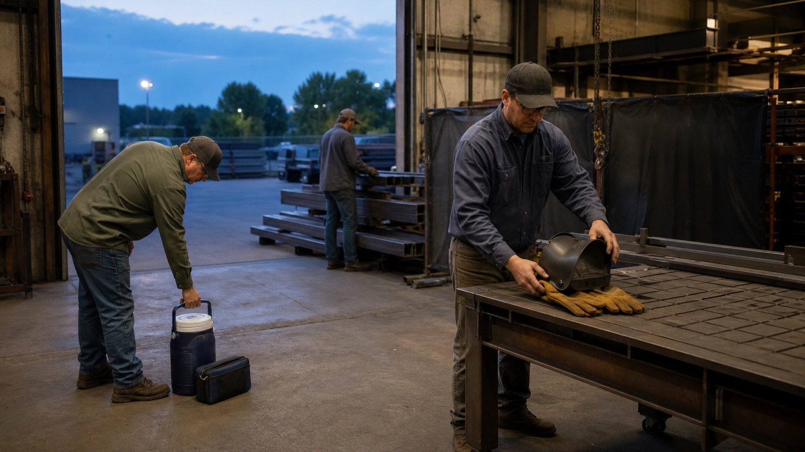 Three fabrication workers prepare water, welding PPE, and steel material inside an open shop at blue dawn before a summer shift
