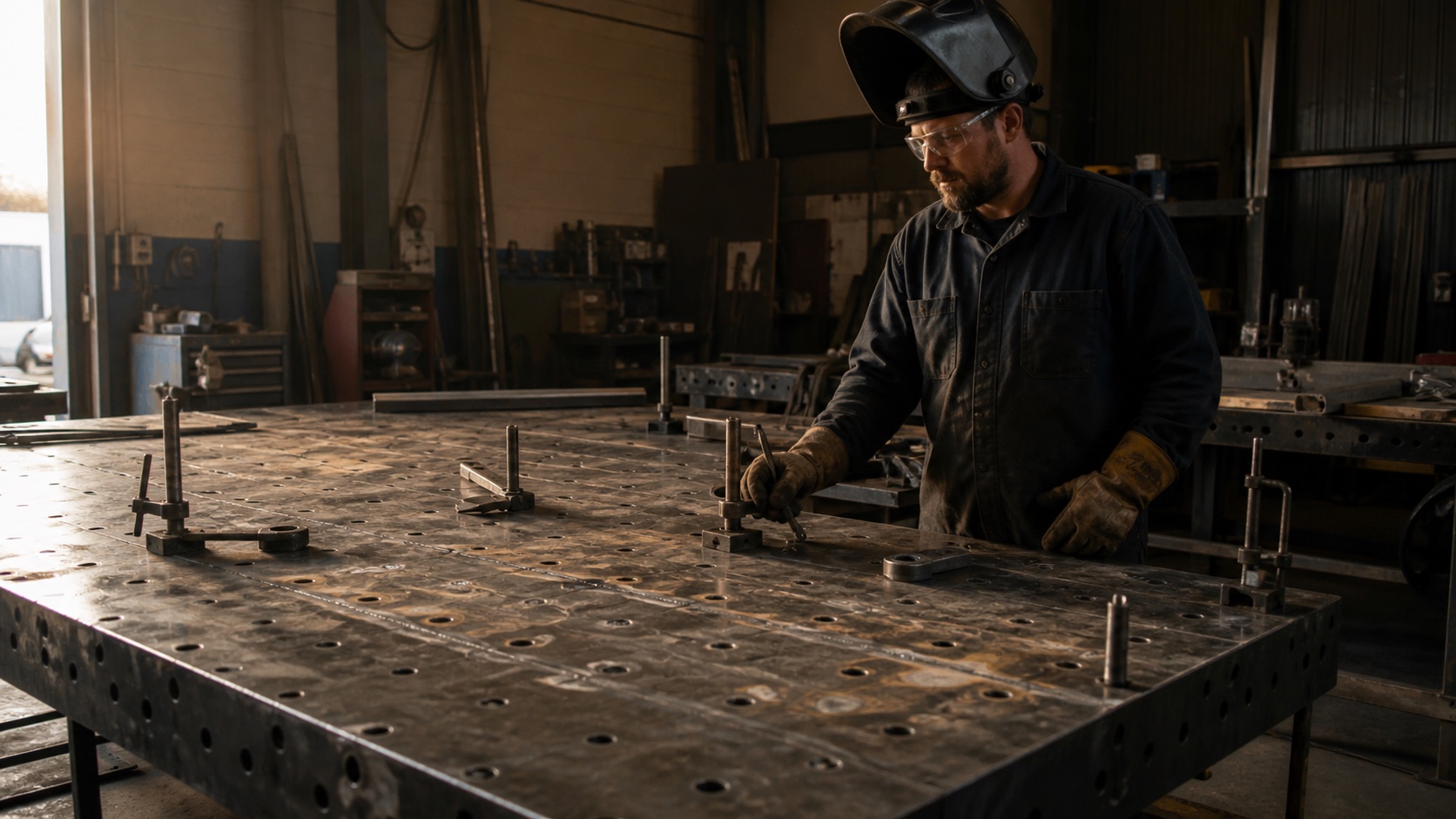 Welder with raised helmet and safety glasses studying clamp marks and fixture holes on a used steel welding table