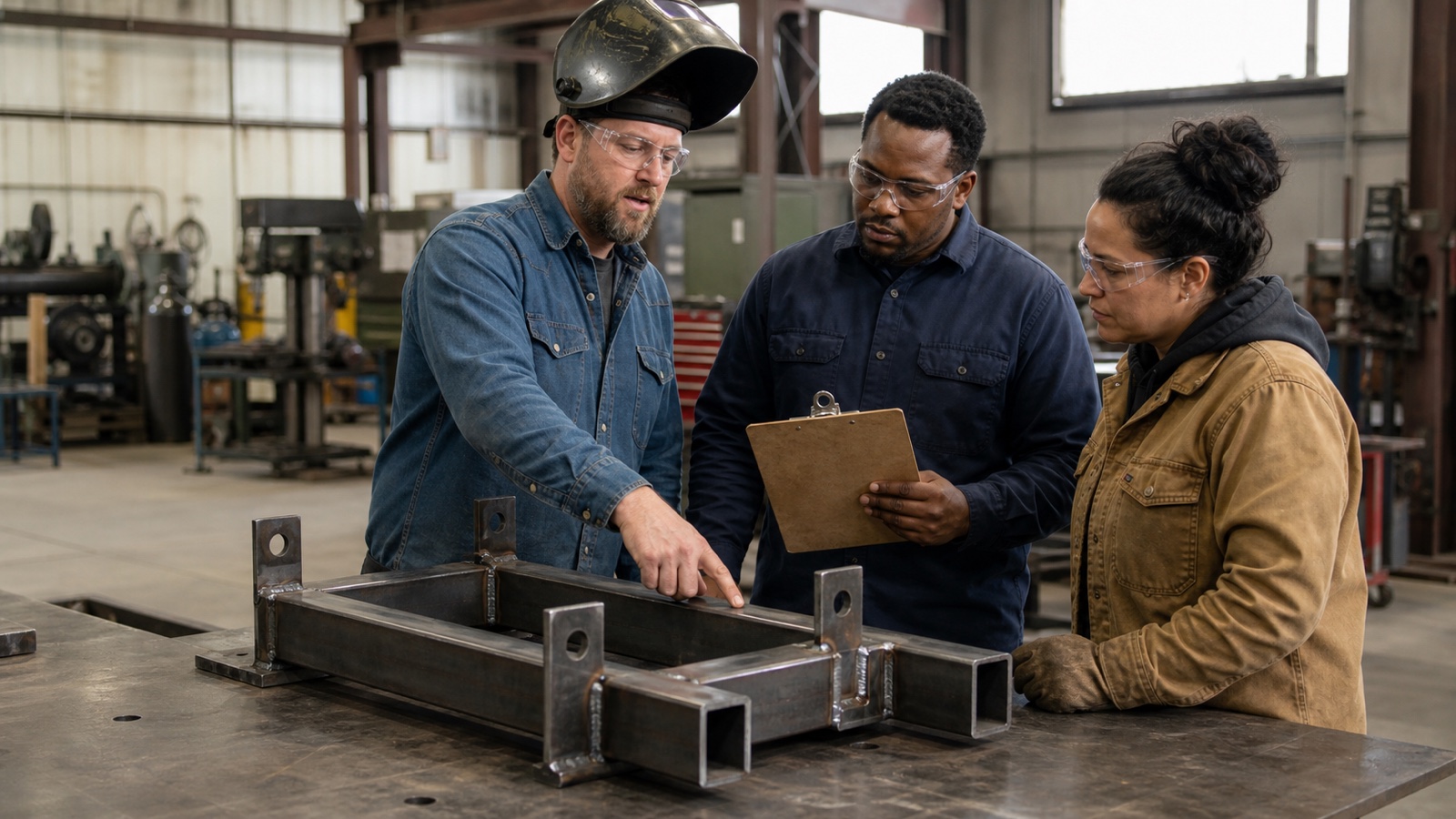 A welder with a raised helmet points out a completed weld while two coworkers review the steel assembly in a fabrication shop
