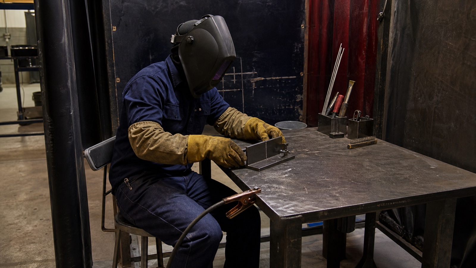 Welder in full PPE positioning a prepared test coupon in a quiet welding booth before beginning a qualification test