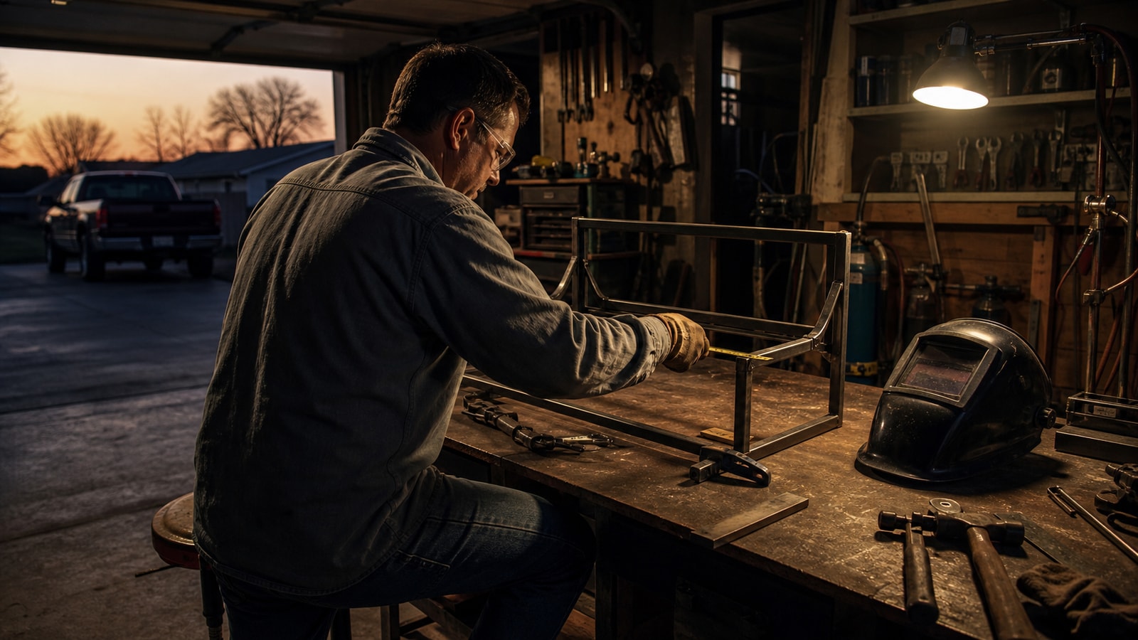 Welder measuring a small steel project in a home garage workshop after a shift