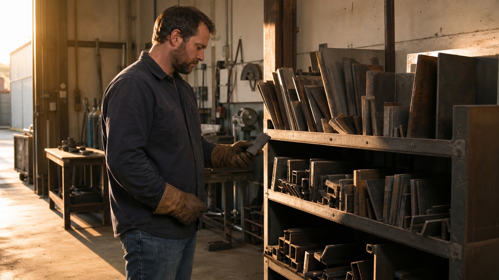Welder holding a small steel offcut beside an organized rack of reusable metal remnants