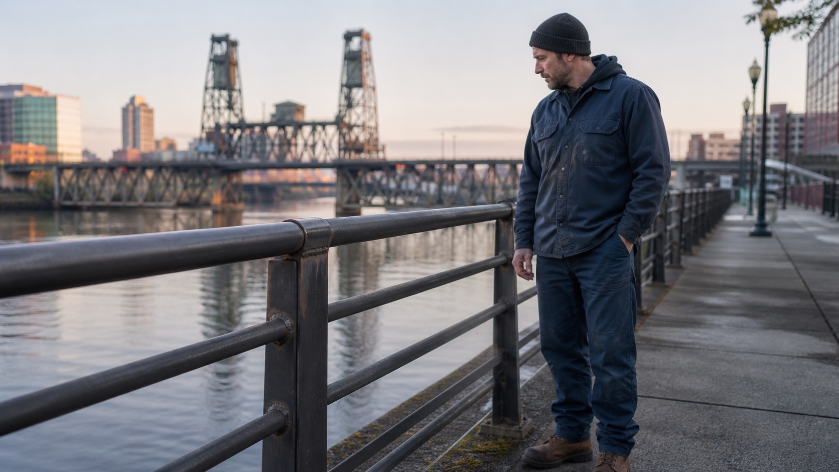 Off-duty welder noticing a welded steel handrail beside an industrial riverfront