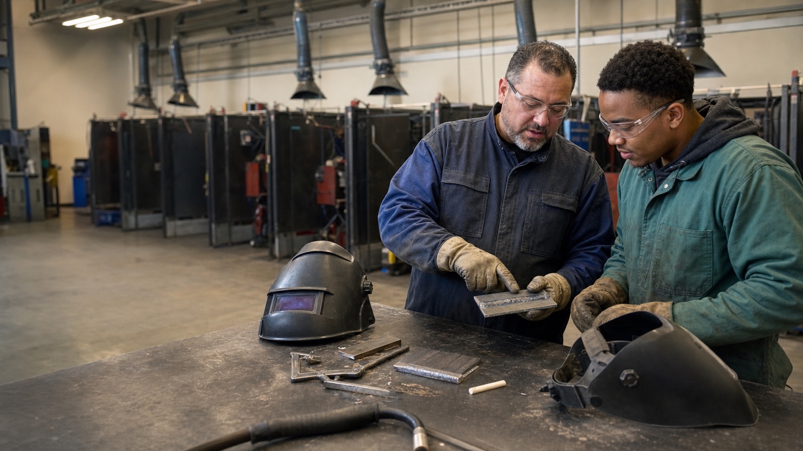 Welding instructor and adult student examining a cooled practice weld in a vocational lab