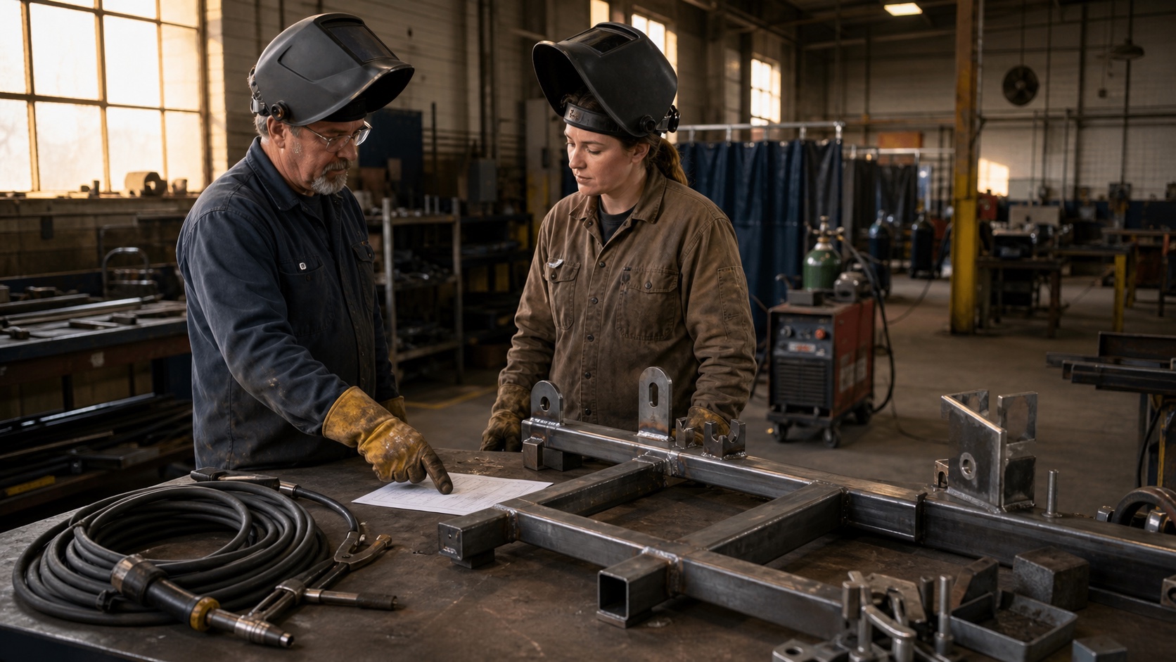 Two welders with raised helmets reviewing a fabrication drawing and a staged steel assembly at shift change