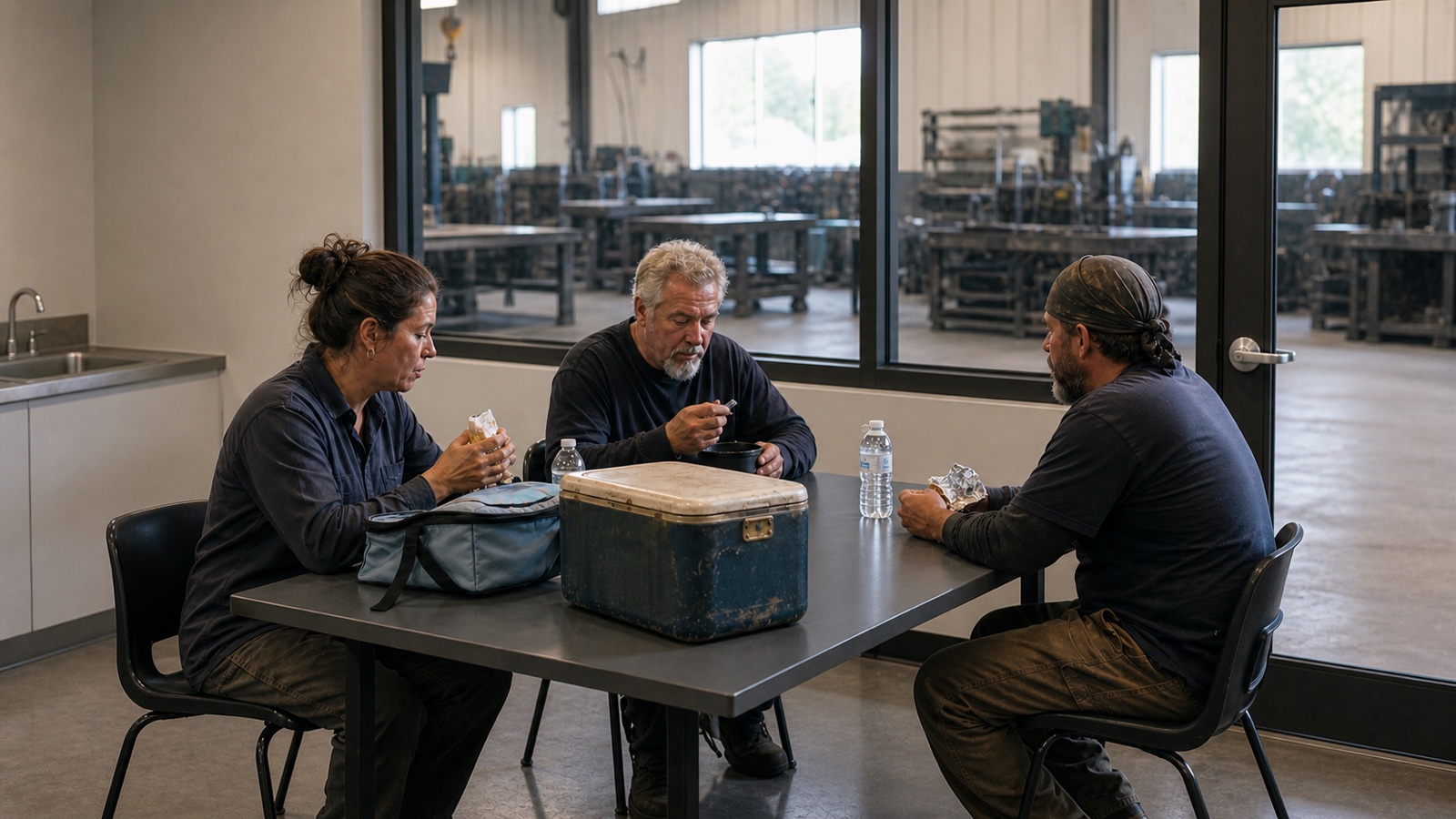 Three fabrication workers share lunch in a clean break room while the metal shop remains behind a glass partition
