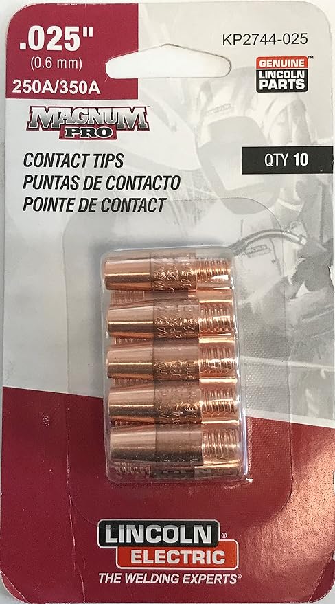 Lincoln Electric KP2744-025 Copper Plus Contact Tip 350A.025 in (0.6 mm), 10 pack