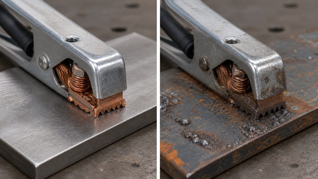 Comparison of a MIG work clamp on clean bare steel and on a rusty spattered surface