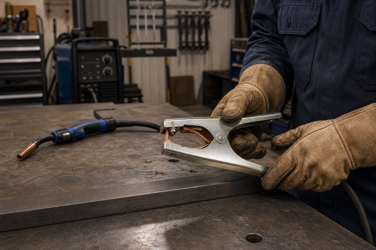 Welder inspecting a MIG work clamp before attaching it to clean bare steel