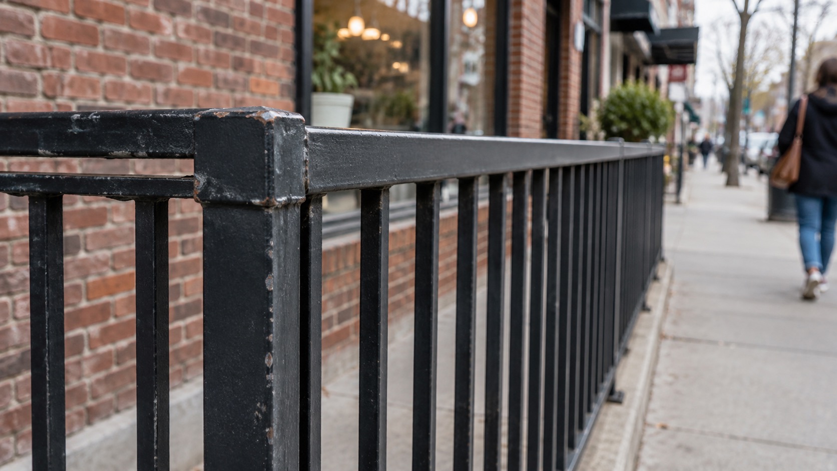 Painted steel railing with repeating vertical pickets beside a brick storefront