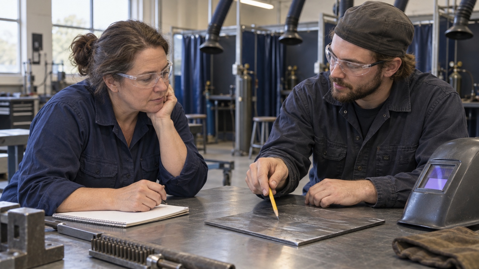 An adult welding learner and instructor discussing a practice plate at a classroom bench
