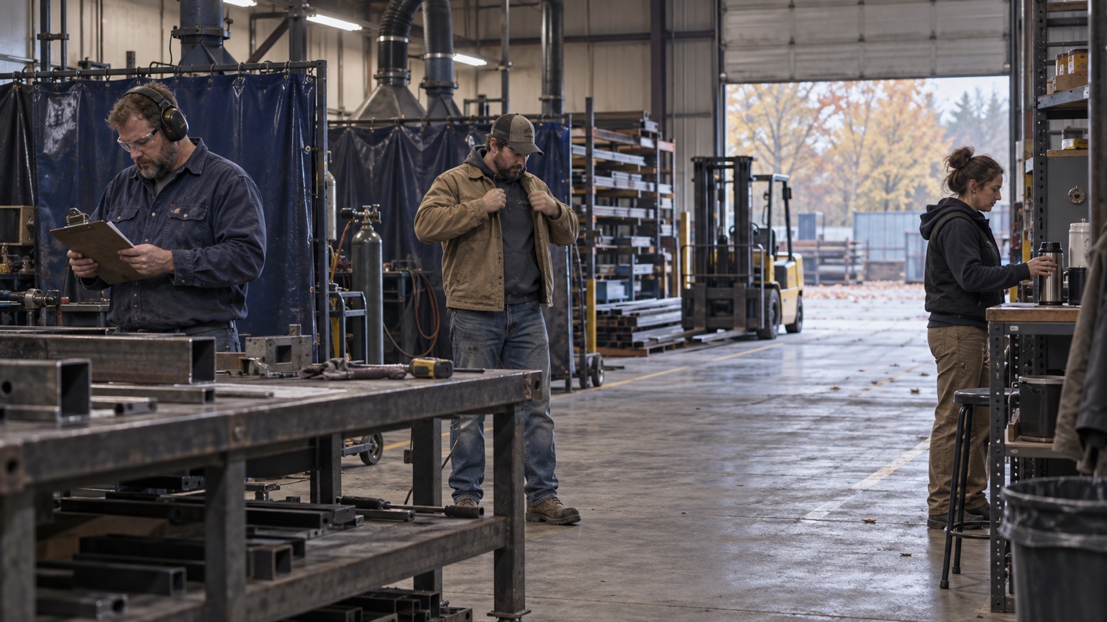 Three fabrication shop workers beginning a cool autumn morning near an open bay door