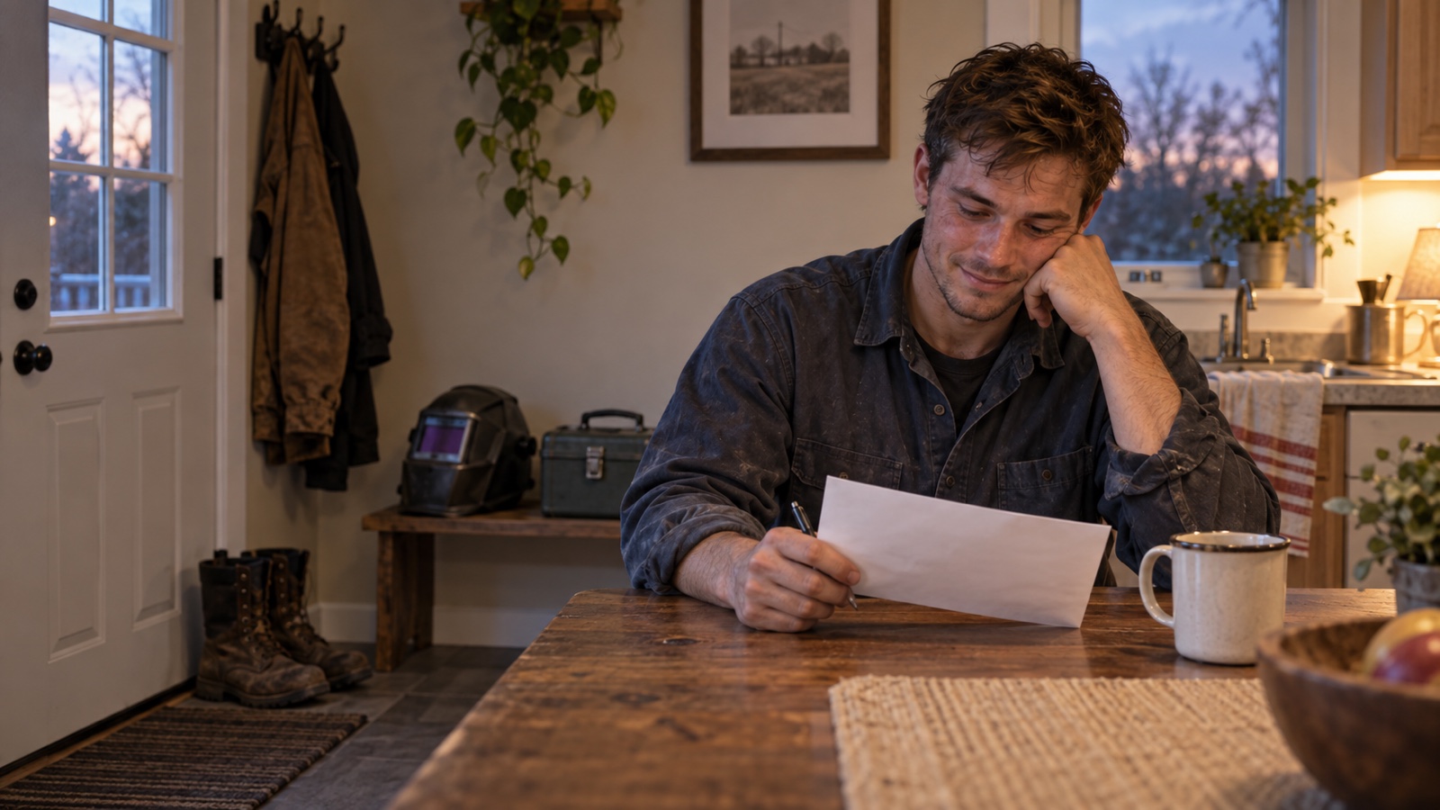 An early-career welder sits at a kitchen table after shift with a blank pay statement and welding hood nearby