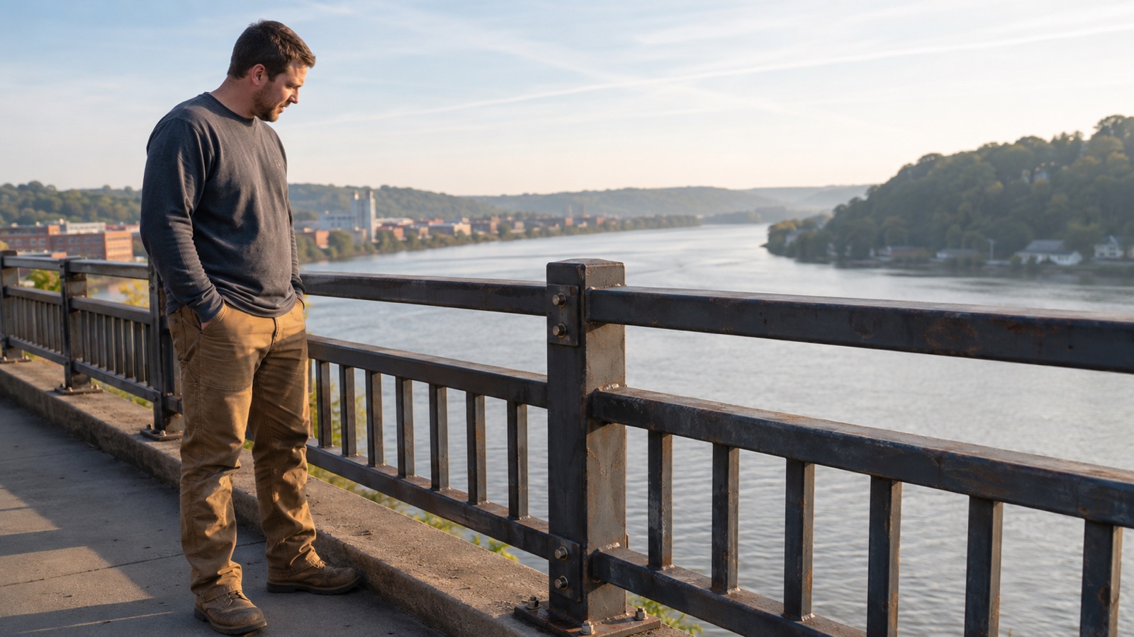 An off-duty welder studies the construction of a steel handrail at a riverside overlook