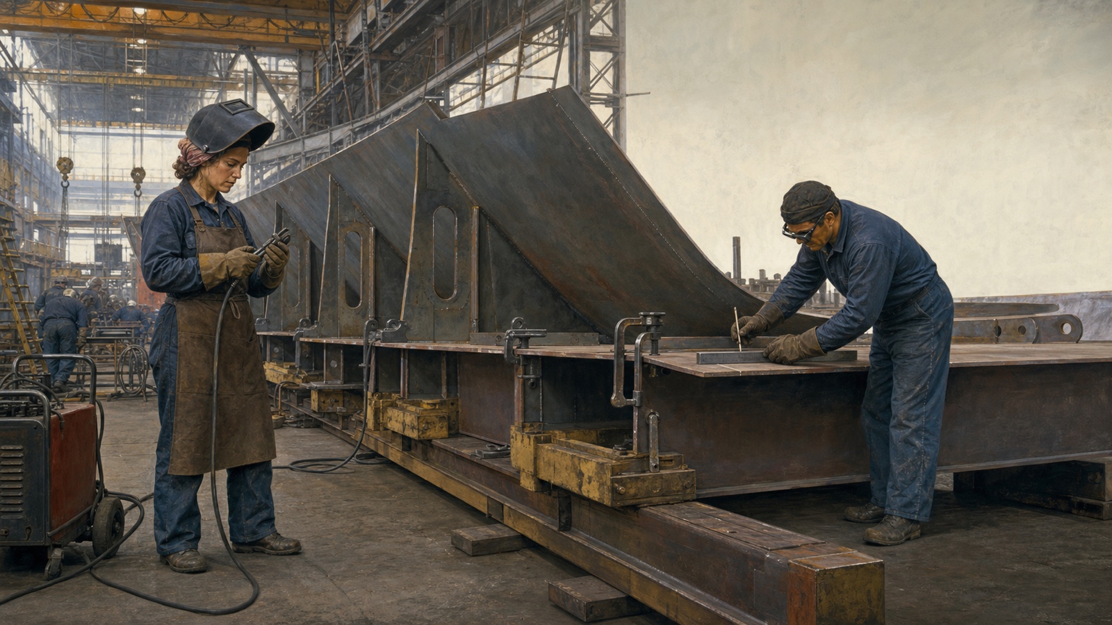 Editorial illustration of civilian shipyard welders assembling a large steel hull section during the 1940s