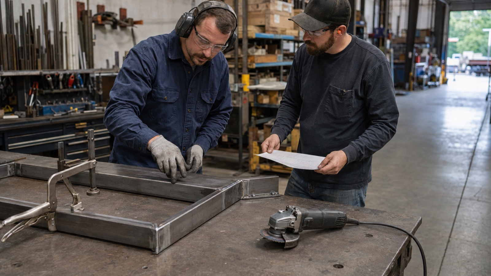 Two fabricators inspect a finished welded steel frame beside a stopped angle grinder