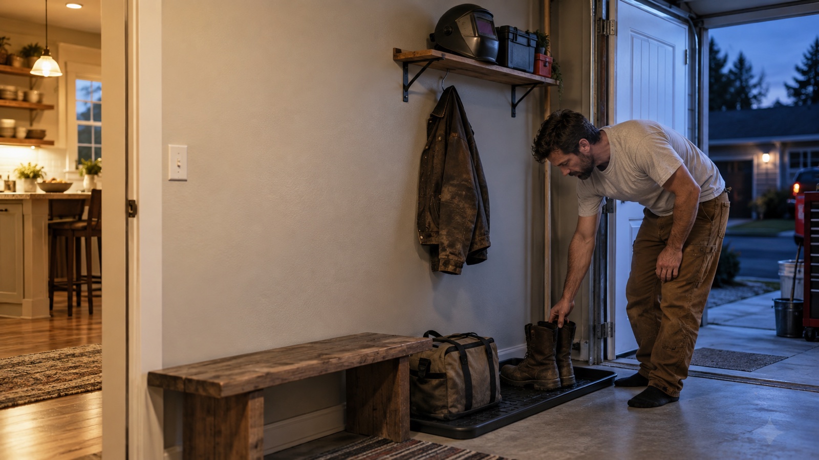 A welder in socks places work boots on a tray beside stored shop gear at the home entryway