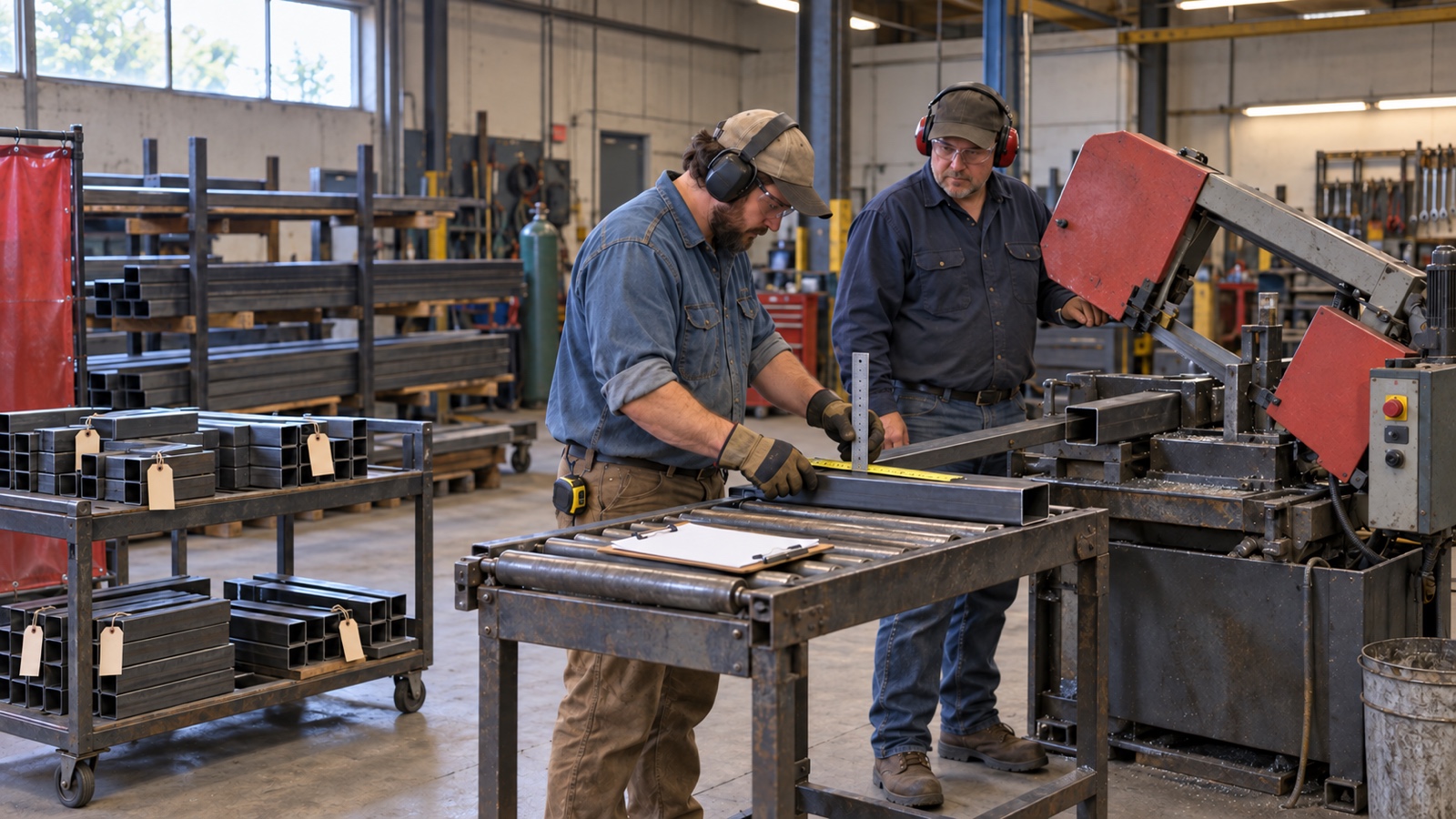 A saw operator and fitter check the square cut on steel tube beside a stopped horizontal band saw