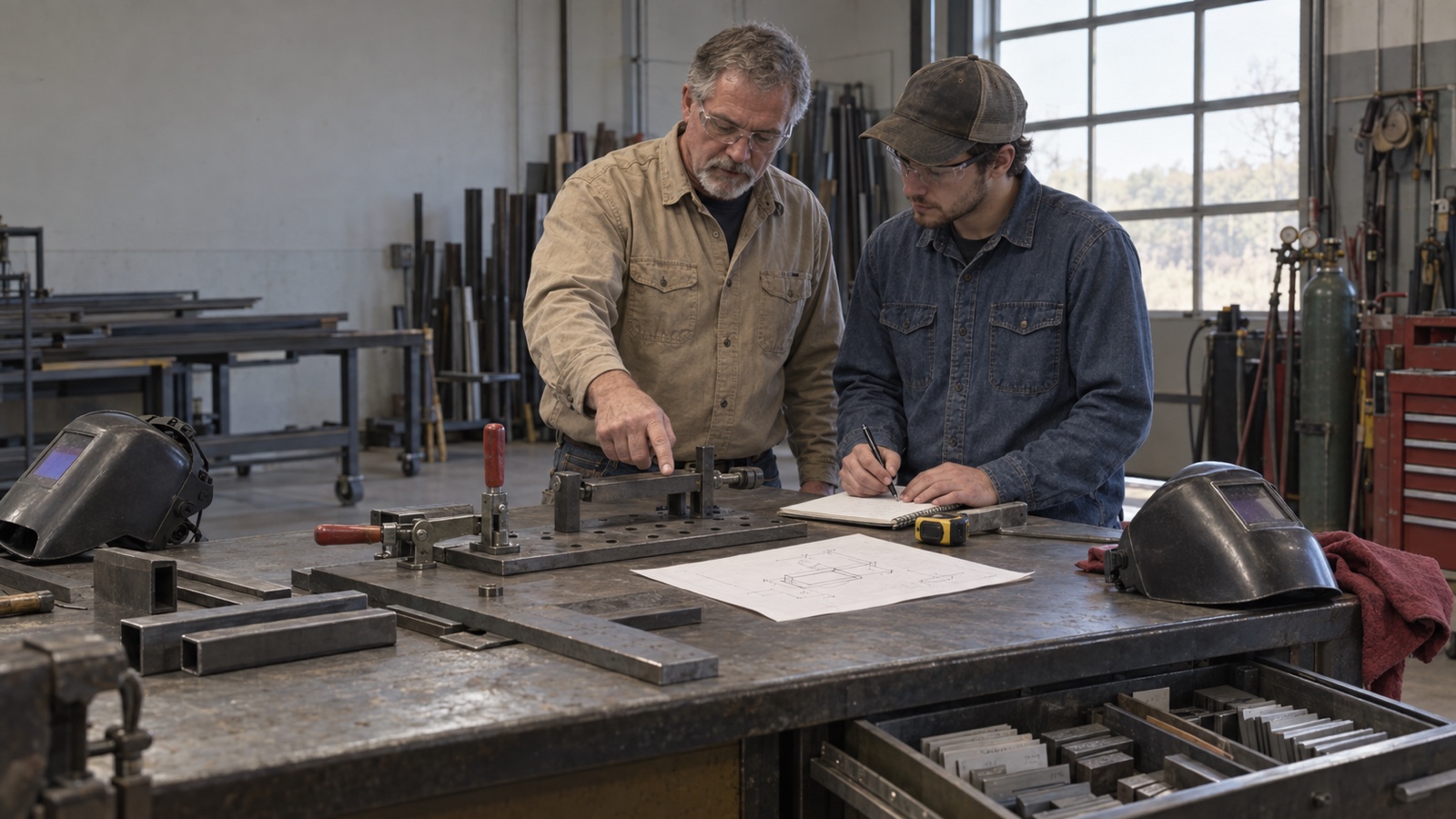 An experienced welder points to a fixture while a newer welder records setup notes at a fabrication table