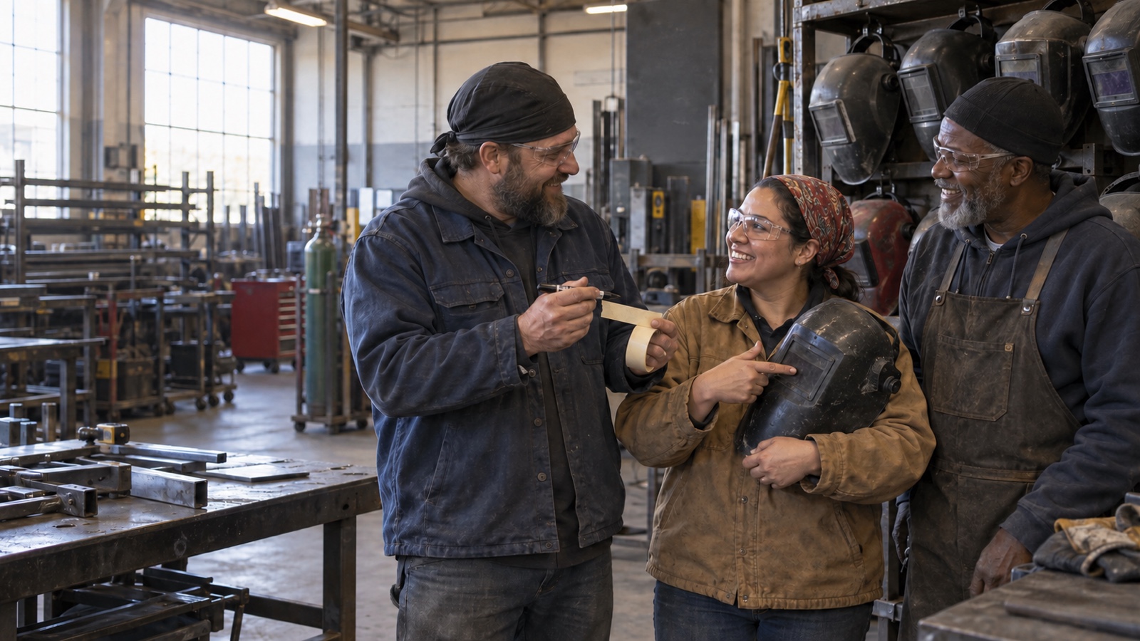 Three welders share a friendly moment while one offers blank masking tape for a name on a welding helmet