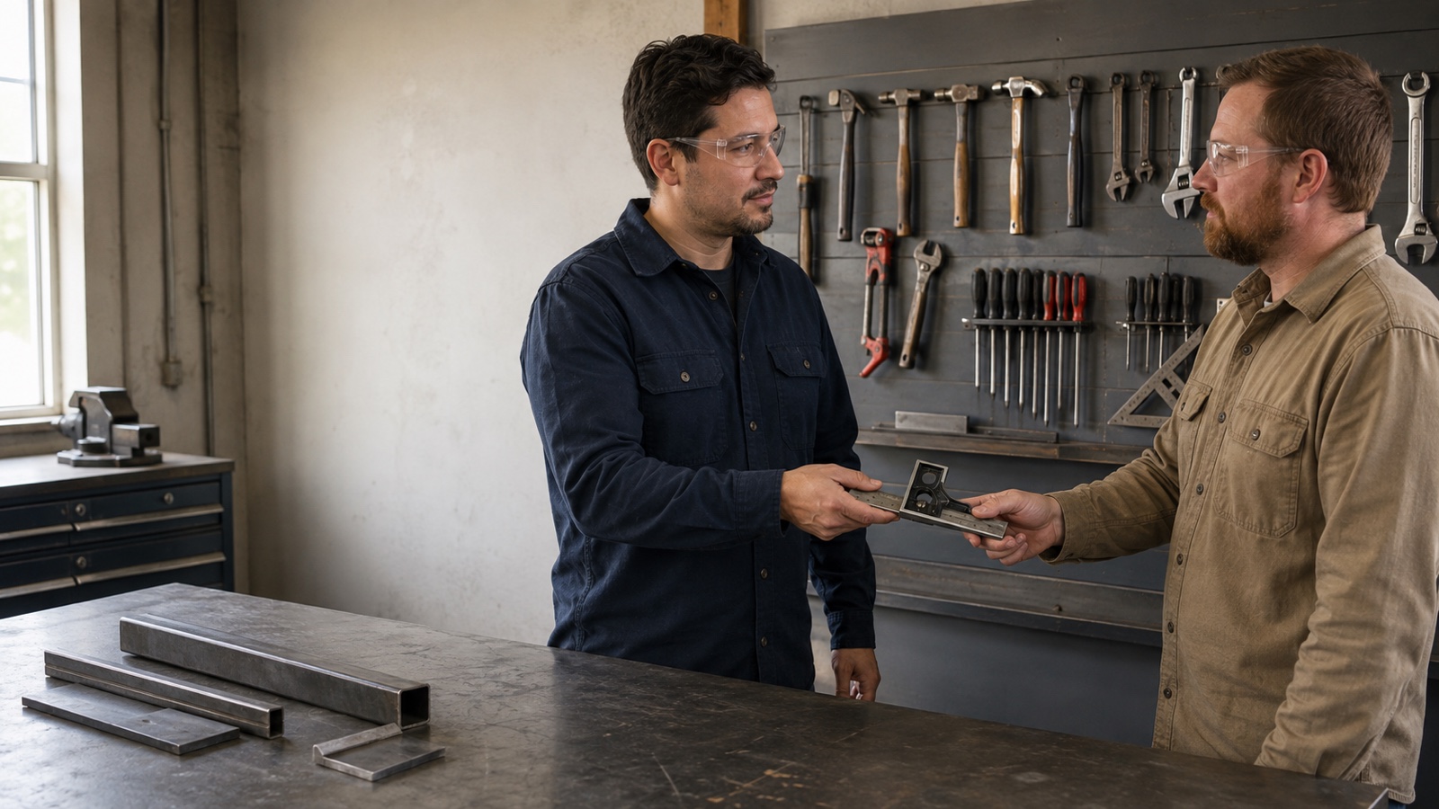 One fabricator returns a combination square to a coworker beside a welding shop tool board