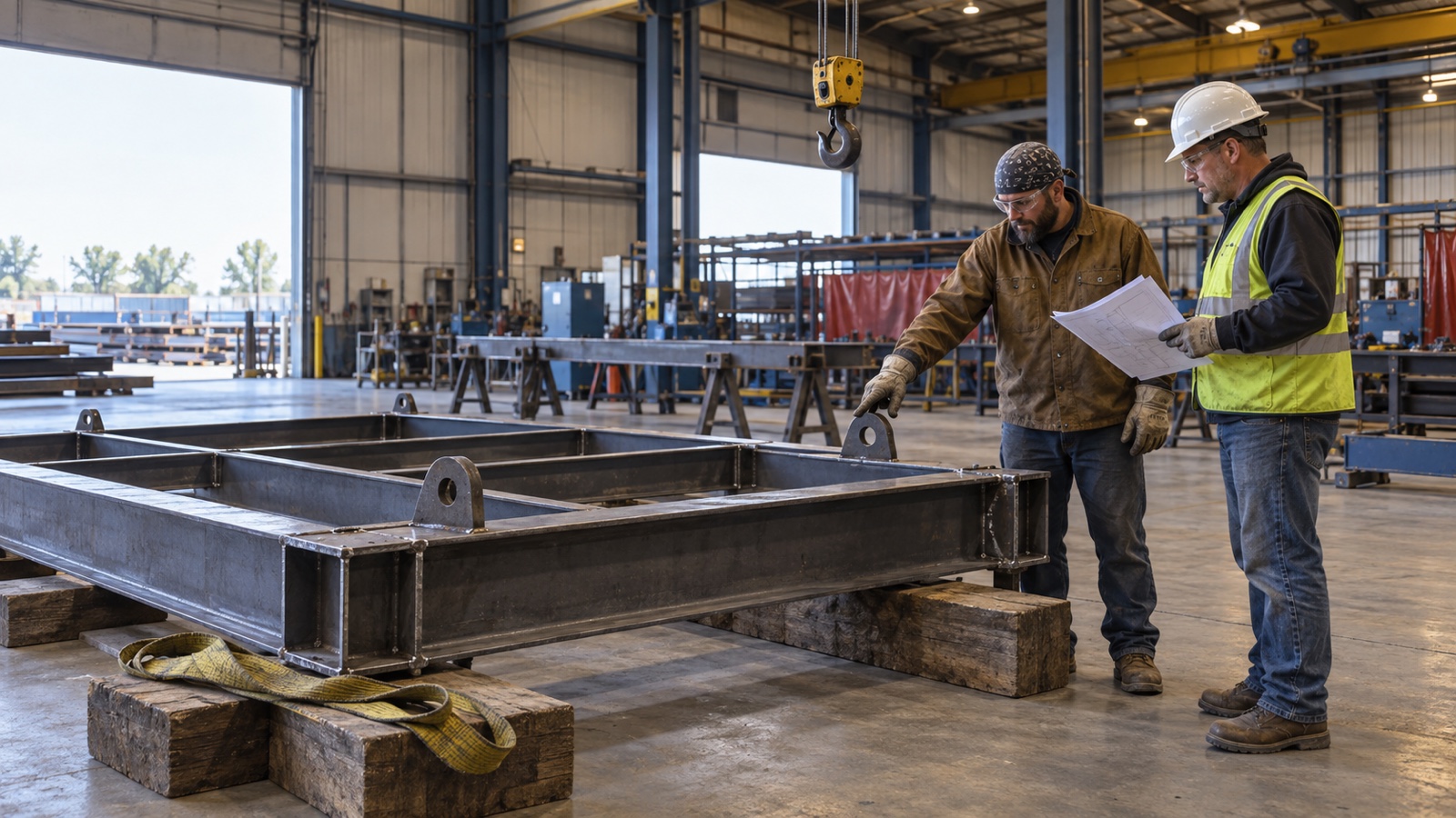 A fabricator and rigger review a steel frame resting on timber supports before a shop lift