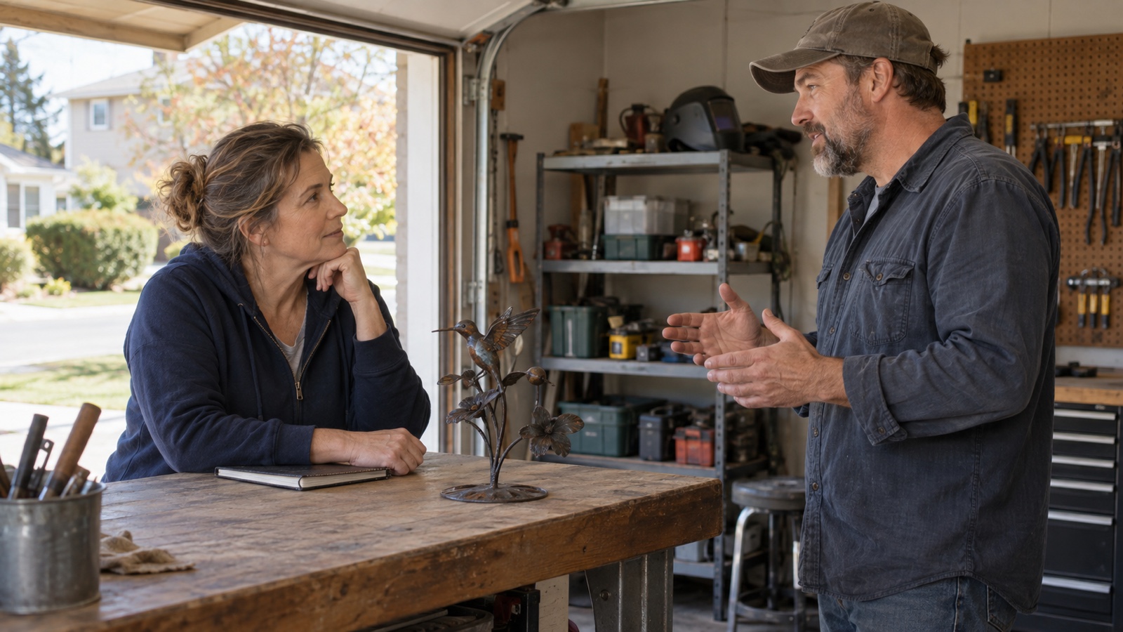 Two adults discussing a decorative metal object on a garage bench