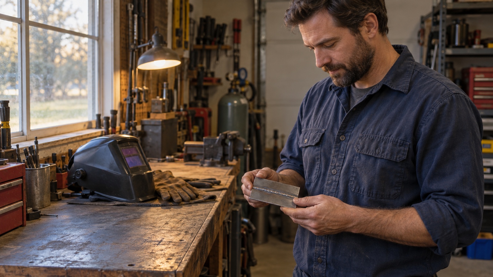 An adult welder studies a small steel practice coupon at a home workshop bench