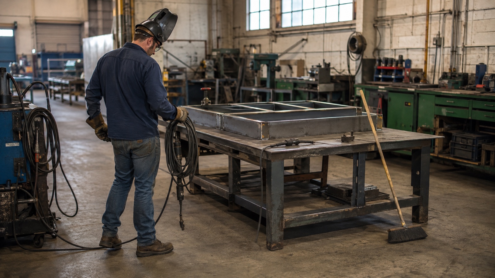 A welder coils a welding lead beside a steel fabrication table at the end of a shift