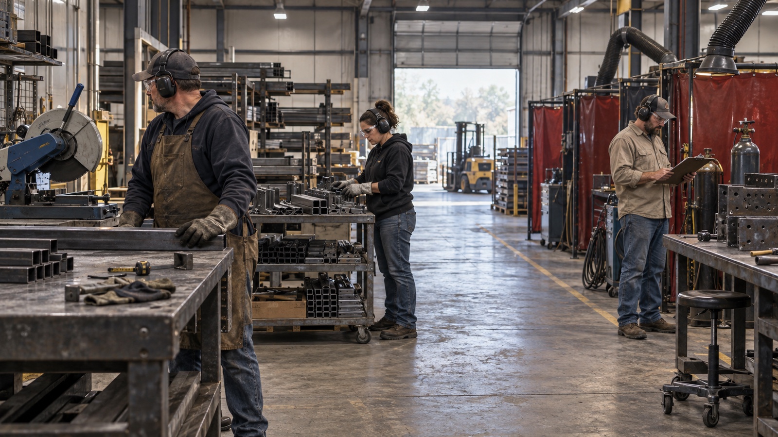 Three fabrication shop workers wearing hearing protection during a pause between tasks