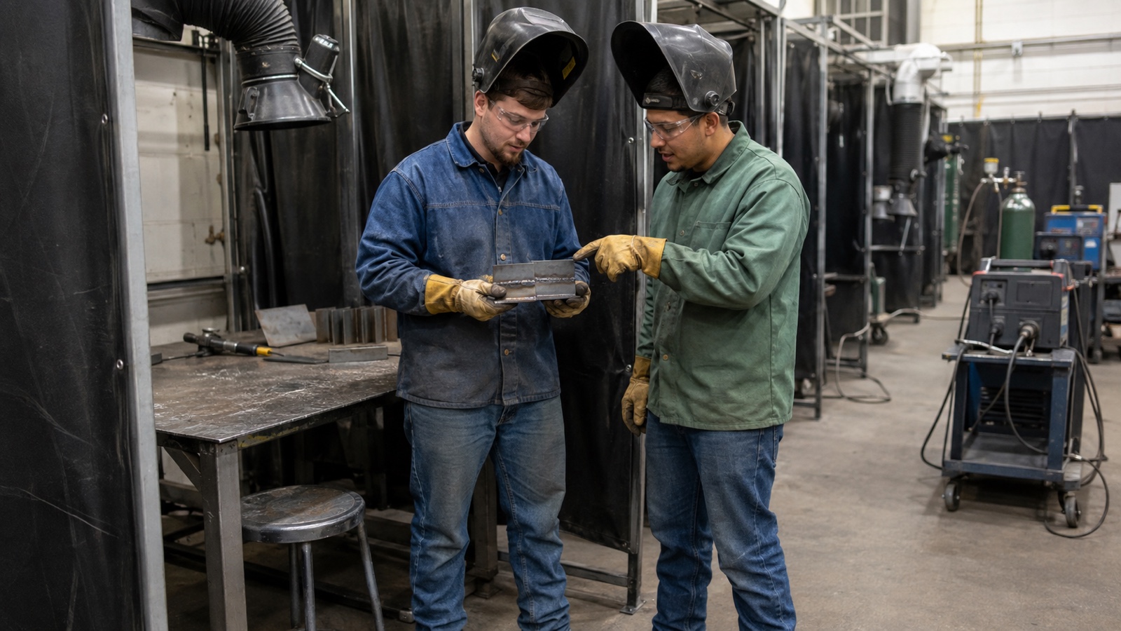 Two adult welding students in adjacent lab booths examine a practice coupon together with their helmets raised